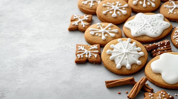 Gingerbread cookie with white icing snowflake decoration and cinnamon sticks photo