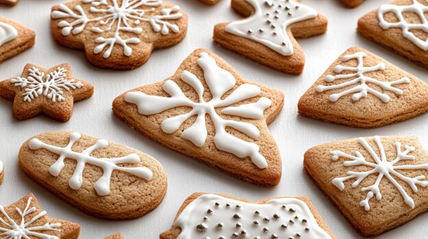 Gingerbread cookie assortment with white icing snowflake and tree designs, festive and cozy photo