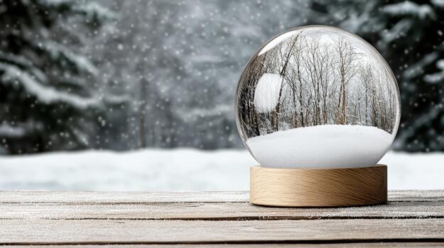A snow globe sitting on a wooden table with a snowy forest in the background photo