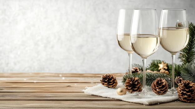 Two glasses of champagne with pine cones and fir branches photo