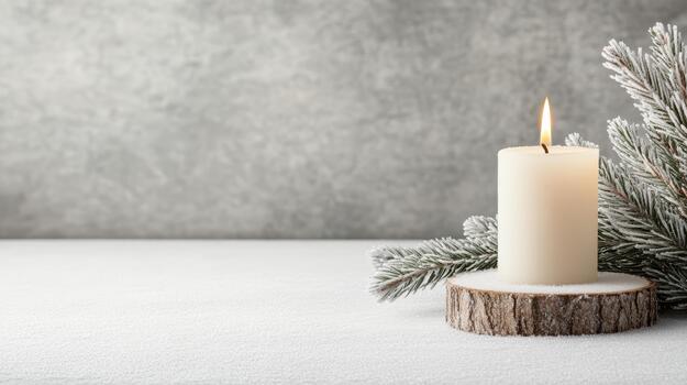 un vela es iluminado en un de madera tocón con un rama de abeto árbol foto