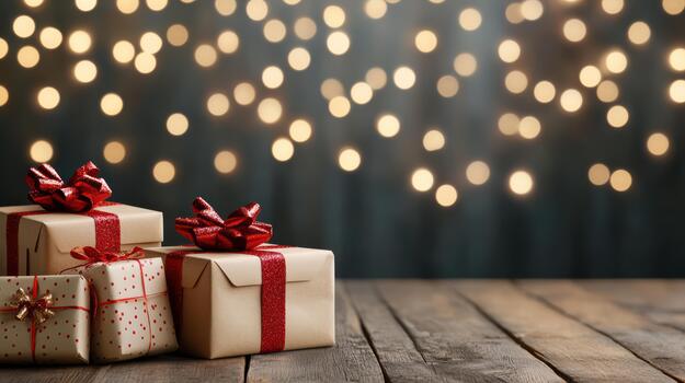 Gift box brown paper with red ribbon on wooden table and warm bokeh lights photo