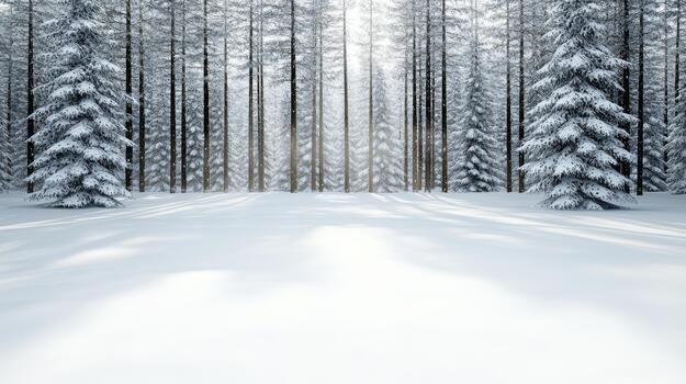 Winter forest background with snow and pine trees photo