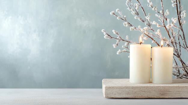 suave brillante velas en de madera bandeja con escarchado ramas creando pacífico invierno ambiente foto