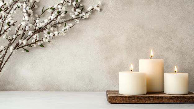 Soft white candles glowing beside blossoming branch on textured neutral background photo