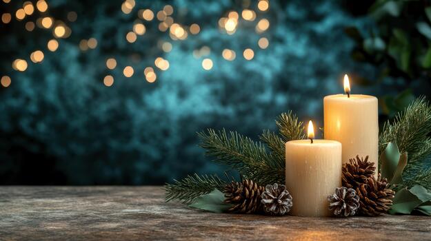 calentar luz de una vela en abeto rama con piña decoración creando acogedor invierno estado animico foto