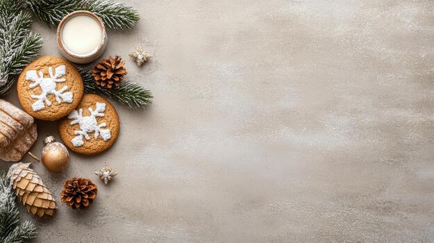 copo de nieve Galleta y Leche con festivo pino cono arreglo evocando acogedor fiesta calor foto