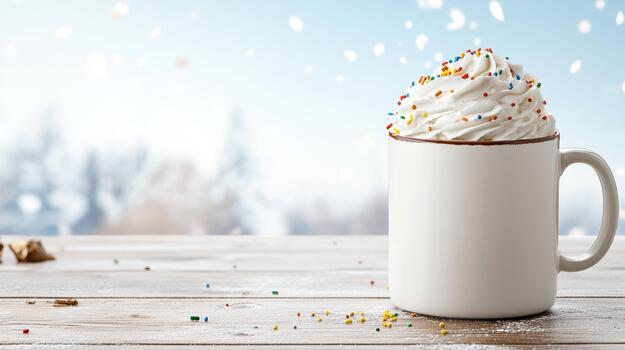 Whipped cream hot chocolate mug with colorful sprinkles and winter bokeh background photo