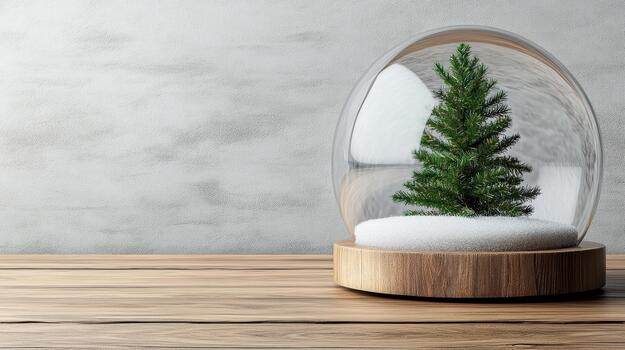 Small evergreen tree snow globe on wooden base with soft winter light photo