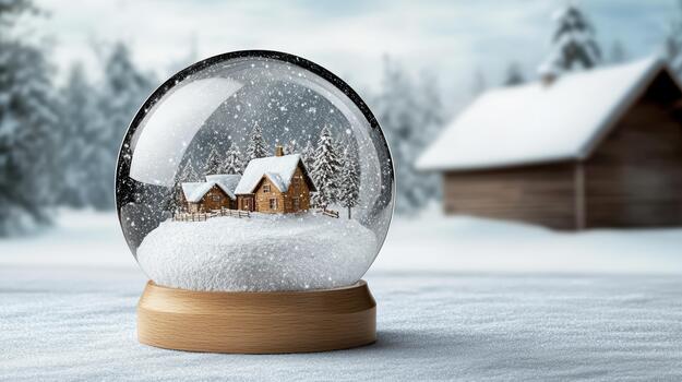 Cozy wooden cabin snow globe with falling snow and pine trees, nostalgic winter scene photo