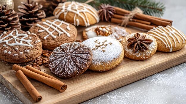 Gingerbread and spiced cookies dusted with powdered sugar and cinnamon, festive and cozy photo