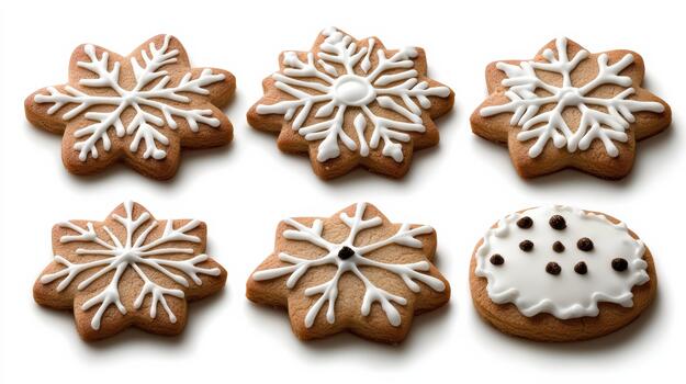 Snowflake gingerbread cookie collection with white icing and festive detail photo
