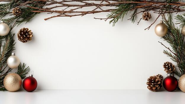 Elegant holiday border of evergreen branches pinecone and bauble creating festive blank space photo