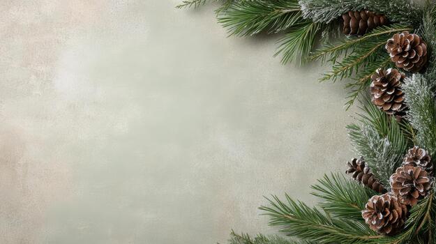 Frosted pine branch and pinecone holiday border with soft neutral background, cozy festive mood photo