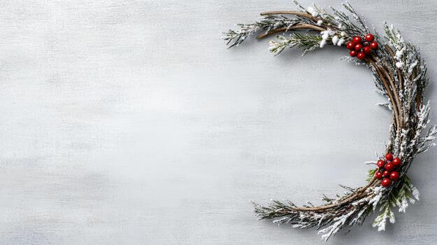 Snowy winter wreath with red berries and frosted pine on rustic white background photo