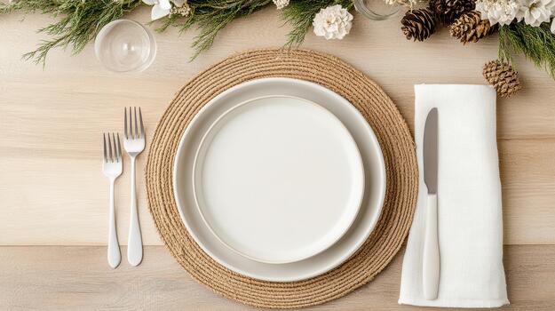 rústico fiesta mesa ajuste con blanco platos y natural decoración foto