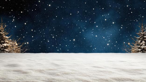 Snowfield starry night with snow covered pine trees and soft falling flakes photo