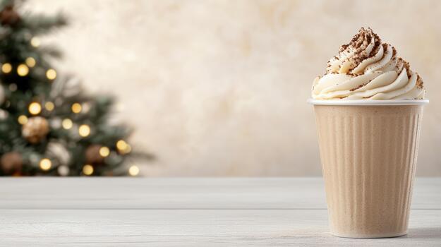 Cream hot chocolate cup with whipped cream and cocoa dusting against festive bokeh photo