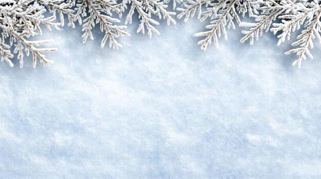 Snow covered fir branch border over soft snowy background, serene winter atmosphere photo