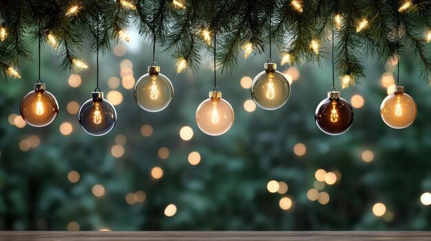Navidad vaso ornamento bombillas colgando desde abeto rama con calentar bokeh luces creando acogedor foto