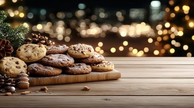 Chocolate chip cookie holiday cookie wooden board bokeh lights pine cone festive cookie stack photo
