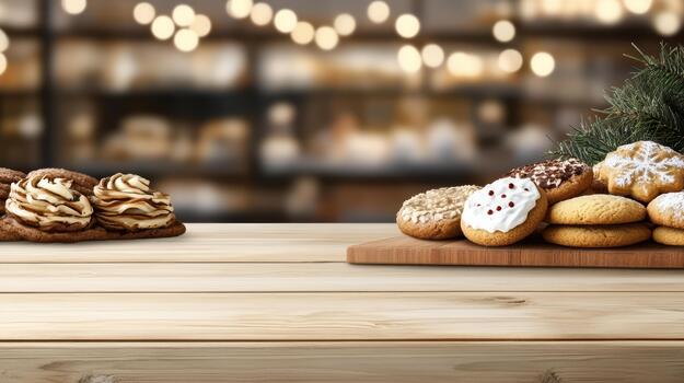 acogedor panadería fiesta galletas en de madera mostrador con calentar bokeh luces foto