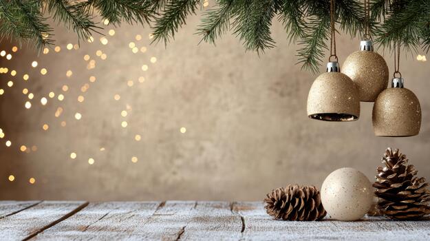 oro ornamento piña rústico Navidad mesa con bokeh luces foto