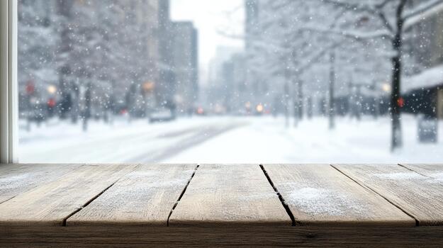 Snowy wooden tabletop near frosted window with soft cityscape view and cozy mood photo