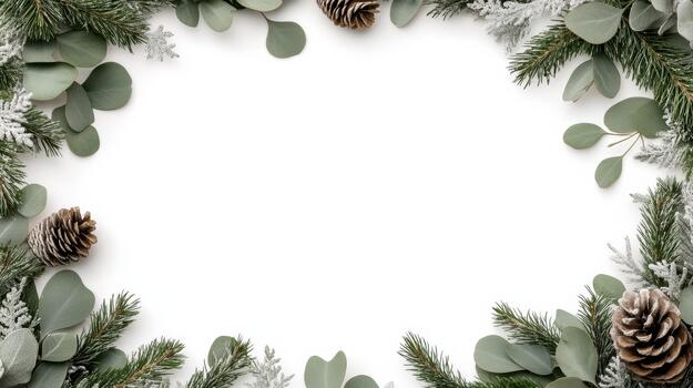 Evergreen foliage and pine cone wreath frame with soft winter light and cozy mood photo