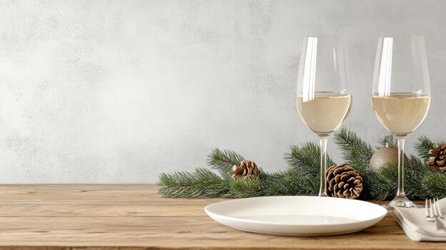 blanco vino vaso con vacío plato y piña fiesta mesa configuración, acogedor festivo atmósfera foto