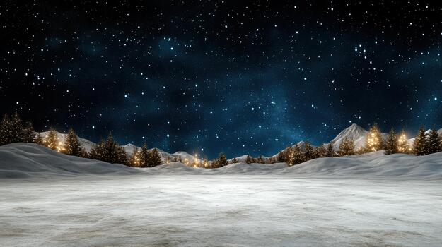 Nevado campo debajo estrellado noche con iluminado pino árbol línea creando sereno invierno resplandor foto