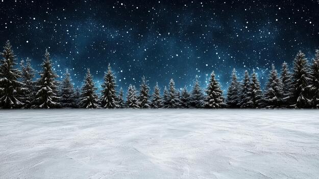 Snow field pine tree night sky with falling snow and serene winter mood photo