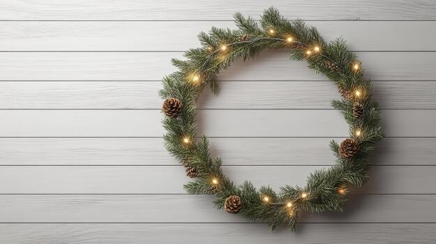 Evergreen wreath with pine cones and warm string lights on white wood panel photo