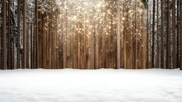 Snowy forest clearing with wooden fence and golden sparkling lights creating cozy winter mood photo