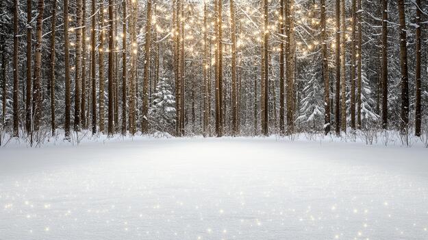 Snow forest with glowing lights and tall pine trunks creating serene winter magic photo