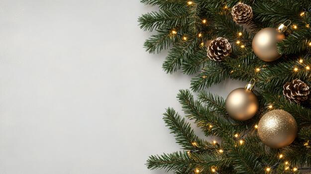 Elegant gold bauble and pinecone arrangement on fir branch with warm lights photo