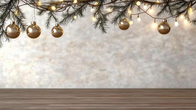 Golden Christmas ornaments and warm string lights hang from pine branches creating cozy festive photo