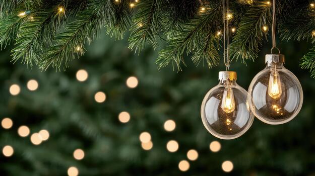 Glass ornament bulb hanging from pine branch with warm bokeh lights, cozy mood photo