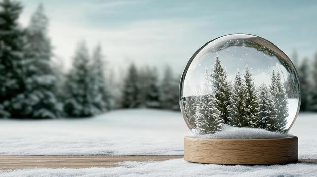 Snow globe with snowy evergreen trees on wooden base, peaceful winter scene with falling snow photo
