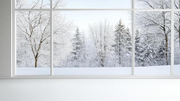 Snowy window view serene winter forest landscape with frosted trees and soft light photo