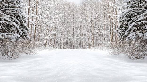Snowy forest clearing with frosted trees and soft falling snow, serene winter scene photo