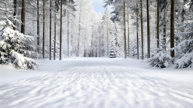 Snowy forest path with tall pine trees and glittering fresh snow, serene winter scene photo