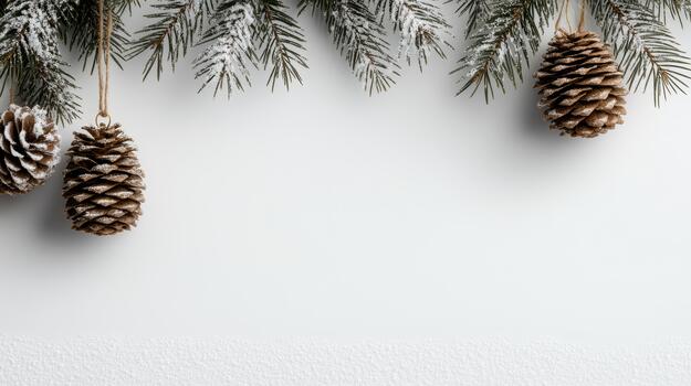 Snow dusted pine cone ornaments hanging from fir branches, festive minimal winter scene photo