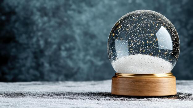Glass snow globe with sparkling snow and wooden base, festive magic and calm wonder photo