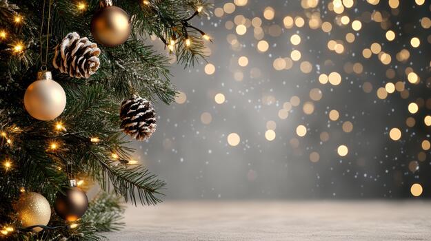 festivo oro Navidad árbol adornos y Nevado pino conos con calentar bokeh luces foto