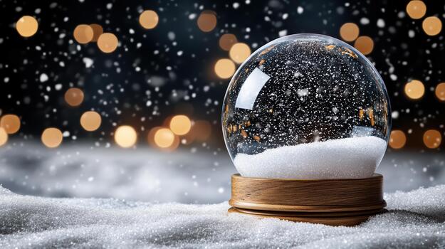 Sparkling glass snow globe with falling snow and warm bokeh lights photo