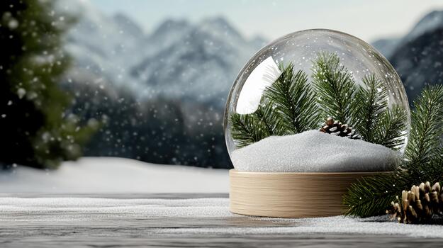 A snow globe with pine trees and snow on a table photo