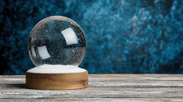 A snow globe on a wooden table with a blue background photo