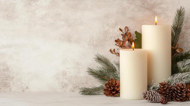 Two candles with pine cones and fir branches photo