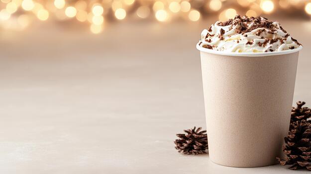 Cozy hot cocoa cup with whipped cream and chocolate shavings, festive bokeh lights photo